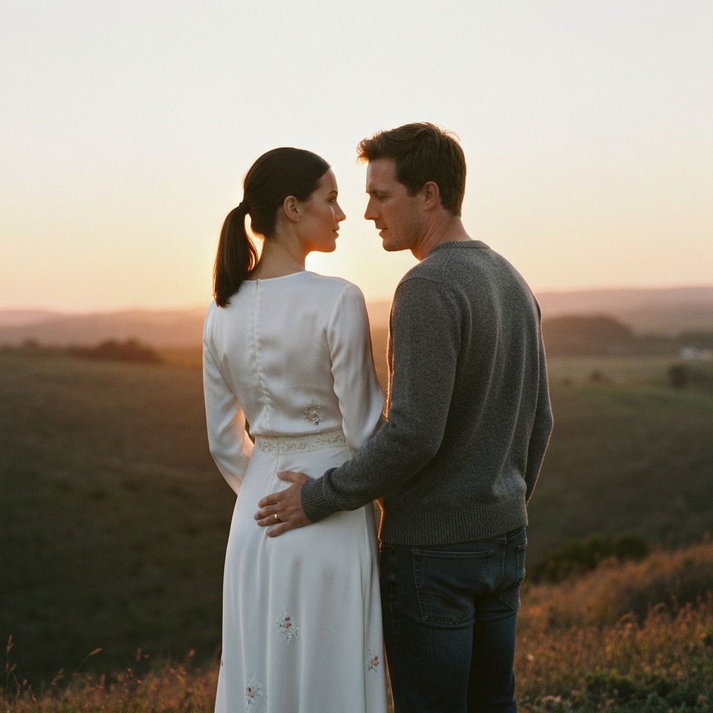 A couple walking through tall grass at golden hour